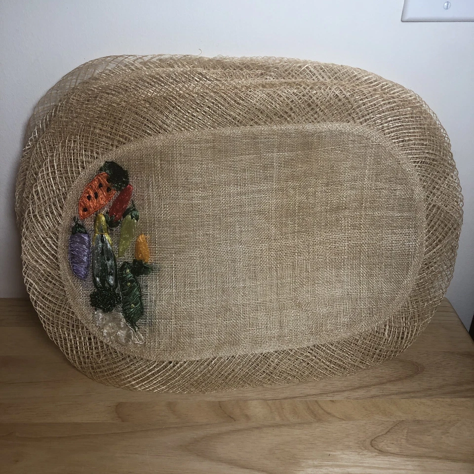 VTG Woven Straw Placemats Natural 18” Oval SET OF 13 Fruit Veggies Accents On 4 - Image 1 of 4
