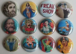 Vintage Poster Circus Freak 12 Pins Pin Set tattoo oddity carnival sideshow head - Picture 1 of 2