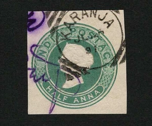 India 1880's? Victoria Green Half Anna 1/2a Envelope Cut Square Used  - Picture 1 of 2