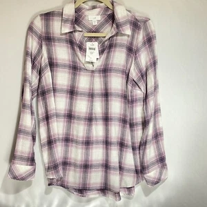 J Jill NWT XS Petite Purple Plaid Long Sleeve Shirt V Neck Flannel Top Babydoll - Picture 1 of 7