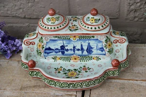 antique Ceramic pottery Boch keramis delft blue white inkwell marked floral - Picture 1 of 8