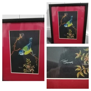 Pintura original vintage de John Chalmers pájaro teta azul enmarcado escocés - Imagen 1 de 14