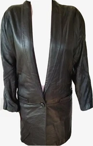 Tibor Womens Coat Vintage Black Soft Leather Oversized Jacket Shawl Collar~ XS - Picture 1 of 10