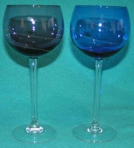 Lot of 2 LENOX Crystal Wine Glasses ETCHED LINES DESIGN Set PURPLE BLUE - Picture 1 of 4