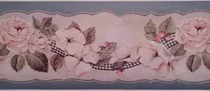 Pink Rose with Black & White Check Ribbon Floral Border DS9080B - Picture 1 of 2