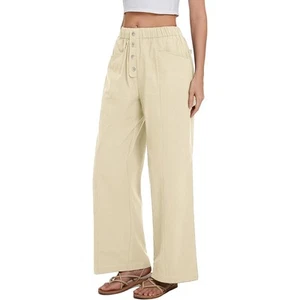 Women Cotton Pants Wide Leg Palazzo Long Lounge Slacks - Picture 1 of 6