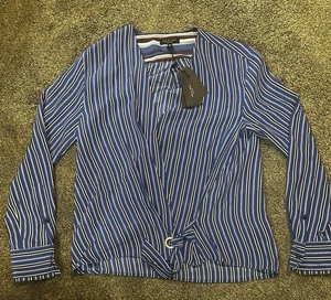 Top Rag & Bone Felix L para mujer azul a rayas envoltura popover mangas largas seda - Imagen 1 de 8