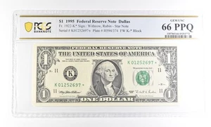 1995 $1 Dallas TX FRN Star Note Fr#1922-K* Gem Unc 66 PPQ PCGS *2895 - Picture 1 of 3