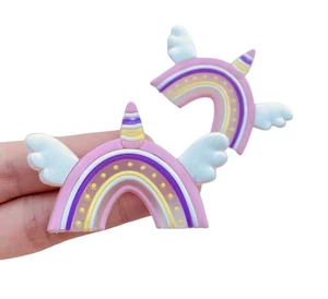 10 Junk Charm Charms Resin Cabochon Kawaii XL Big Rainbow Unicorn Wings Pink - Picture 1 of 1