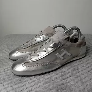 HOGAN Womens Leather Low Top Silver Shiny Trainers Size 6 Uk Eu 39 - Picture 1 of 15