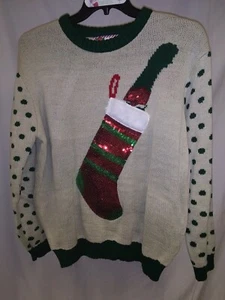 NWT Ugly Great Christmas Sweater Size M with Green And Tan Stocking on Front - Picture 1 of 6