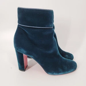 Christian Louboutin Teal Blue Velvet Ankle Boots Booties Size 37 - Picture 1 of 10