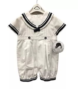 Sarah Louise Sailor Romper Matching Hat 6 Months White Navy Boys - Picture 1 of 9