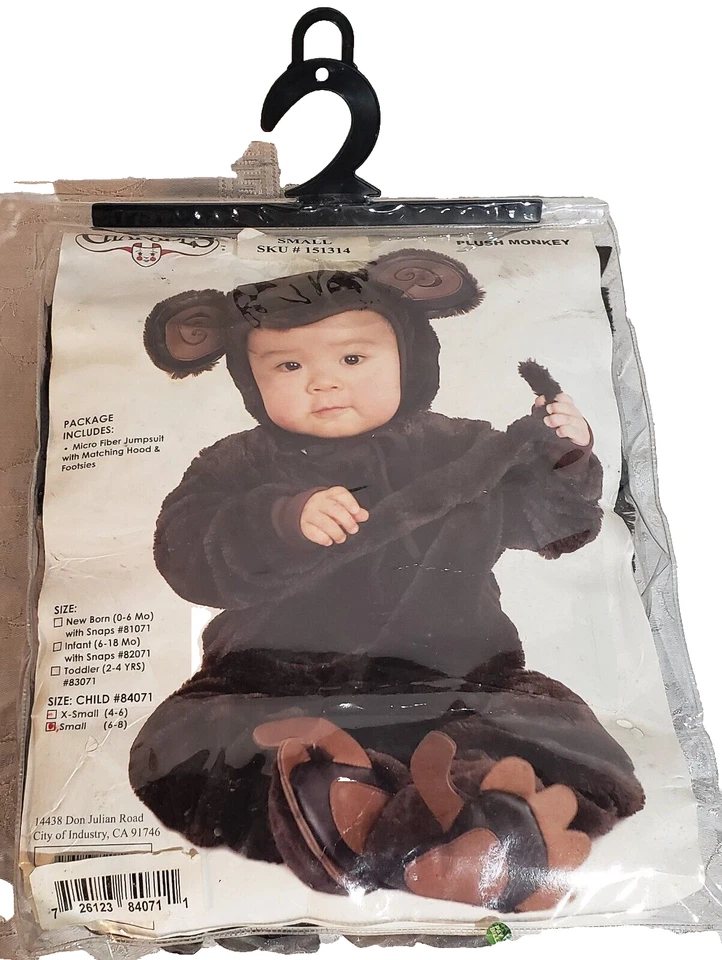Charades Monkey Halloween Costume Plush Size Small (6-8) Jumpsuit Hood - Image 1 of 1