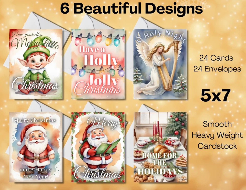 24 Greetings Cards - 6 designs -Christmas Holiday Cards with Envelopes - 5x7 #03 - Image 1 of 1