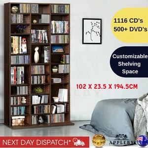 Adjustable CD DVD Bluray Media Book Storage Cabinet Shelf Brown Wood Bookcase - Picture 1 of 11