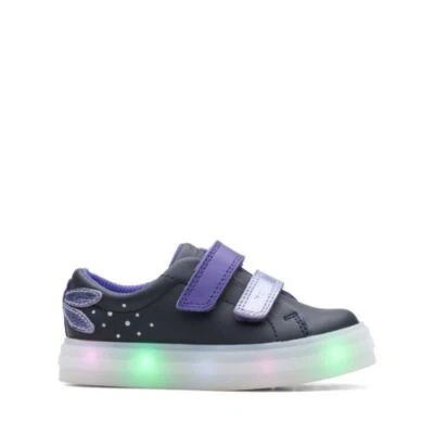 BNIB Clarks Girls Toddler FLARE FLY Black/Purple Leather  GLO FORM Shoes - Image 1 of 4