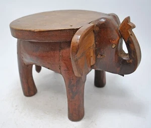 Vintage Wooden Small Size Elephant Figurine Stool Original Old Hand Carved - Picture 1 of 9