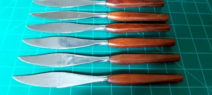 Juego de 6 cuchillos para carne de acero inoxidable de diseño Fleetwood de teca MCM - Imagen 1 de 7