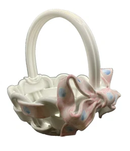 Intrada 8" Woven Ceramic Basket with Blue Polka Dot Pink Ribbon - Made in Italy - Picture 1 of 10