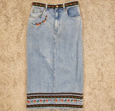 Vintage Womens 6 Skirt Rose Embroidered Denim Rhinestone Cottage Core Bill Blass Foto 1 de 4
