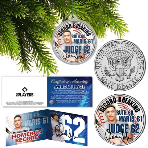 AARON JUDGE 62 Home Run Record JFK Half Dollar Coin w/ Christmas Ornament Holder Cover