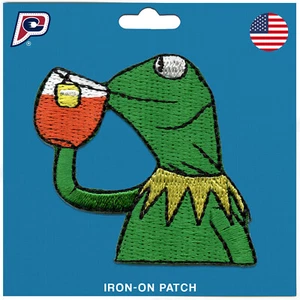 Frog Sipping Tea DIY Iron On Embroidered Applique Patch - Picture 1 of 2