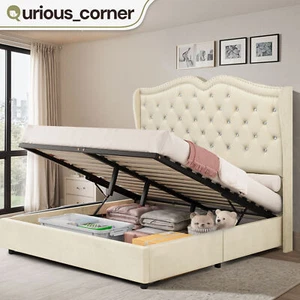 Queen Size Upholstered Bed Frame w/ Hydraulic Lift Up Storage Velvet Headboard - Picture 1 of 10