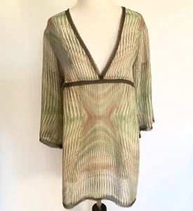 CABI 997 GREEN MOOD TUNIC SEMI SHEER GREEN BEIGE STRIPE V-NECK 3/4 SLEEVE LARGE - Picture 1 of 5
