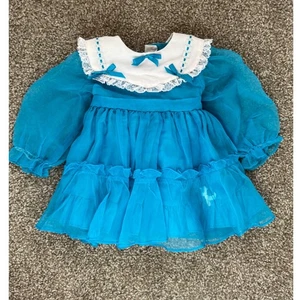 Vintage flauschiges schüchternes Mädchen Kleid Party Rüschen Schleifen türkis weiß T2 y2 - Bild 1 von 6