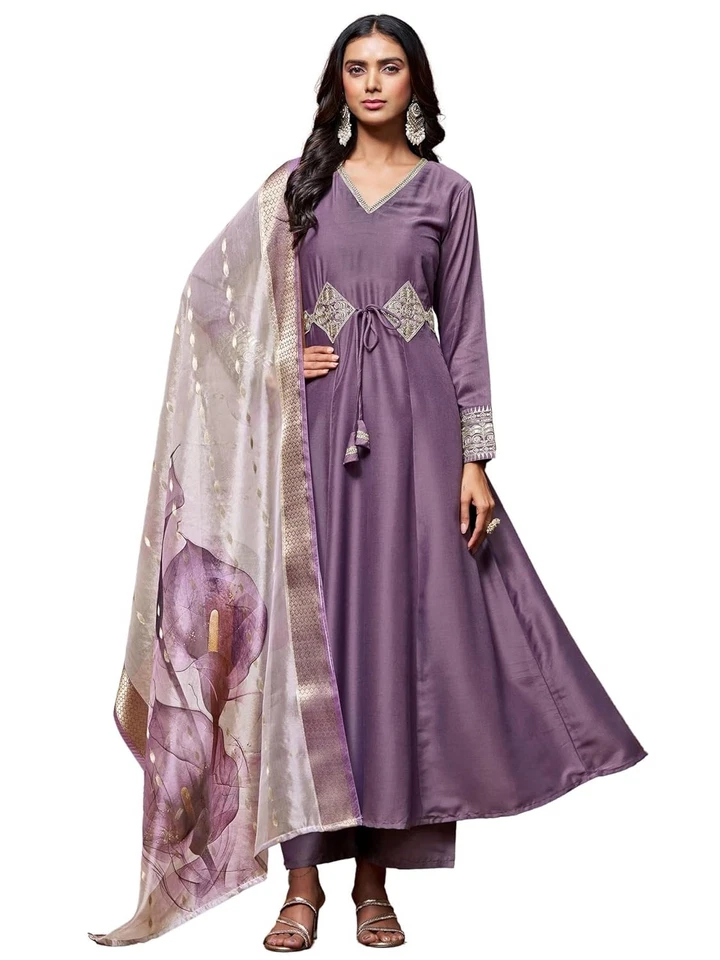 Women's Cotton Silk Embroidered Anarkali Kurta Palazzo with Digital Print Dupata - Image 1 of 4