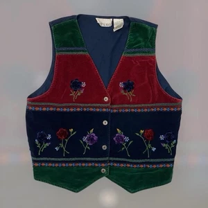 Vintage 90er Casey & Max Knopfleiste Samt bestickt Blumen Weste Damen L mehrfarbig - Bild 1 von 5