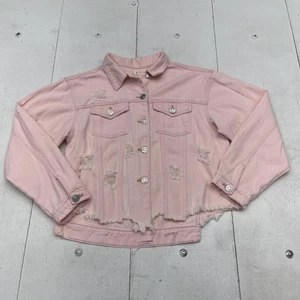 POL Jacket Womens Small Pink Distressed Button Down Denim Raw Hem Cropped - Picture 1 of 8