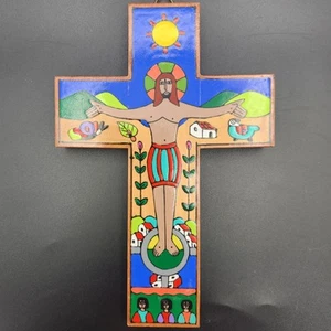 Wooden Cross Crucifix 7" Handmade El Salvador Signed Christian Folk Art Colorful - Picture 1 of 9