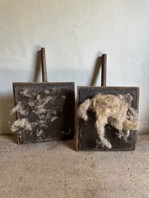 Pair Matching Early Antique Large Wooden Wool Flax Carding Combs Patina Textile - Image 1 of 4