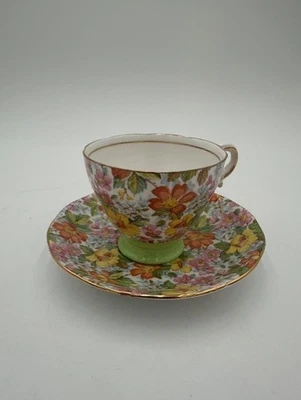 Xícara de chá e pires vintage Salisbury Bone China Inglaterra floral chintz pé verde RARO - Imagem 1 de 4