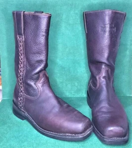 HARLEY DAVIDSON WOMENS BIKER BOOTS 8.5 PEBBLED BROWN BRAIDED TRIM LEATHER CAMPUS - Picture 1 of 10