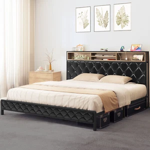 King Bed Frame Upholstered Platform Bed Frame Bookcase Bed w/Charging Station - Picture 1 of 8