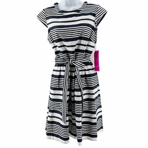 Abito nuovo BETSEY JOHNSON manica ad aletta 8 blu navy/bianco righe misto cotone nuovo con etichette - Foto 1 di 12