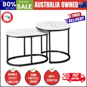 Set of 2 Coffee Table Round Oval Marble Nesting Side End Table Black - Picture 1 of 8
