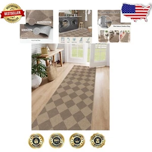 Stylish 2'5'' X 8' Checkered Jute Runner - Non-Slip Washable Indoor/Outdoor Rug - Picture 1 of 9