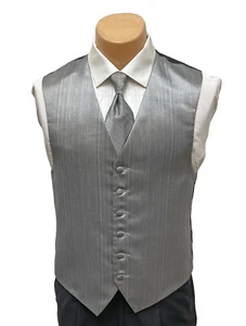 Men's Red Sleeve Silver Tuxedo Vest with Matching Tie Mason Wedding Prom Groom - Picture 1 of 6