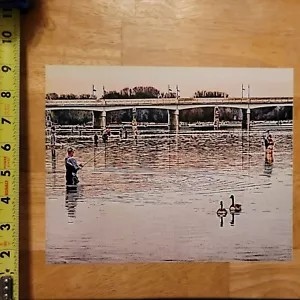 IMPRESIÓN ARTÍSTICA DE ESTUDIO WURZELL ESCENA DE PESCA PUENTE PATOS RÍO - Imagen 1 de 2