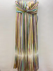 Jessica Simpson Strapless Maxi Dress Colorful Blue Green Pleated Striped Satin - Picture 1 of 10