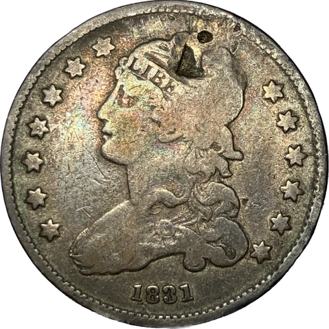 1831 Capped Bust Quarter Dollar Silver   Nice Details Coin Damaged Toned Cover