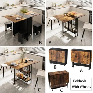Folding Kitchen Table Mobile Rustic Retro Wooden Dining Table and 4 Stools Set - Picture 1 of 51
