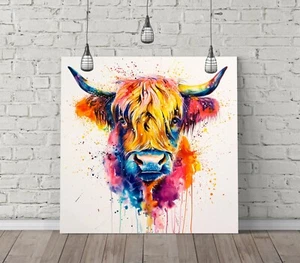 ACUARELA VACA HIGHLAND - LIENZO CUADRADO ARTE DE PARED EFECTO FLOTADOR/MARCO/IMPRESIÓN DE PÓSTER - Imagen 1 de 21