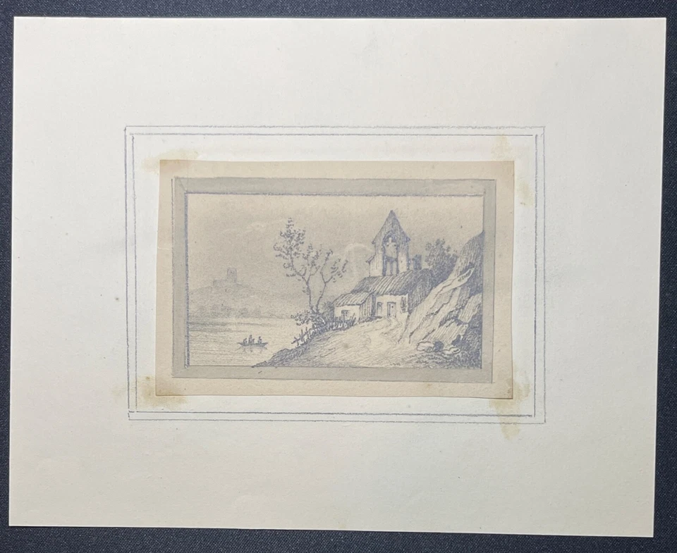 ✒ DESSIN ROMANTIQUE ca.1830 - vue romantique avec ruines et lac - Photo 1/1