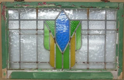 ABSTRACT OLD ENGLISH LEADED STAINED GLASS WINDOW TRANSOM 32" X 20.75" - Image 1 of 3