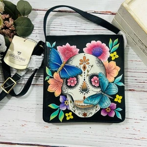 Anuschka Black Leather Sugar Skull Hand Painted Crossbody Bag NWT day of dead - Picture 1 of 5